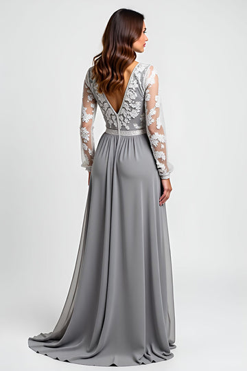 Long Sleeve Silver Asymmetrical Mother Of The Bride Dress With Appliques
